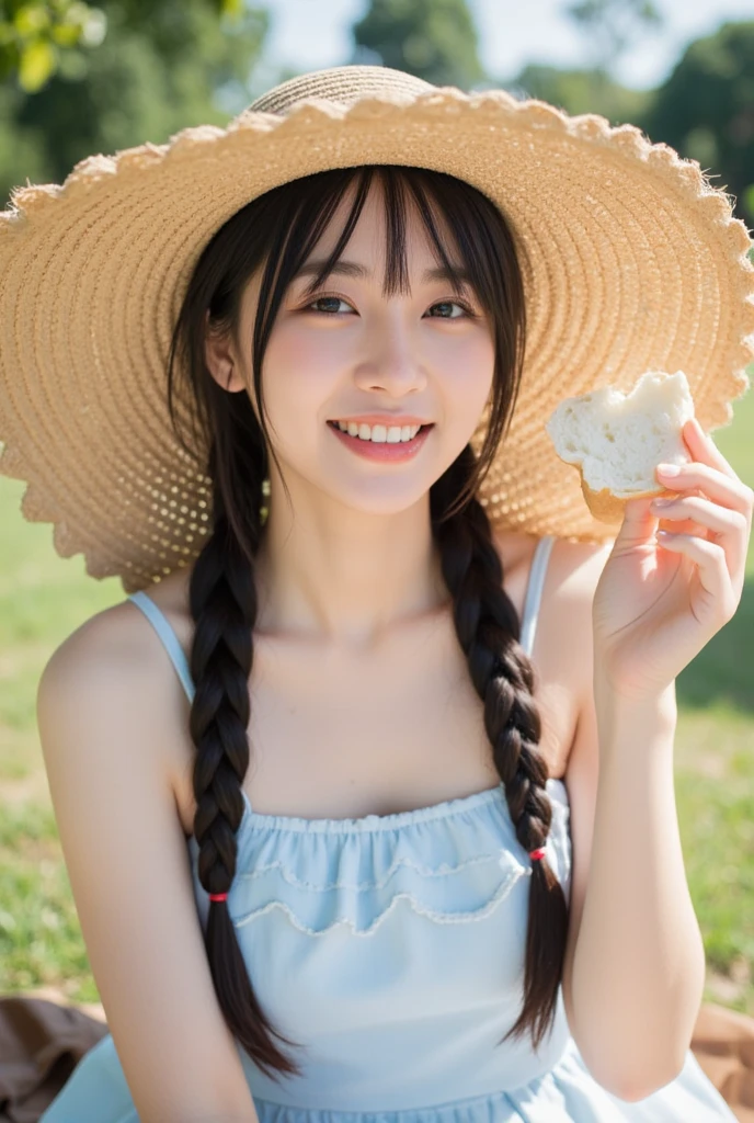 Best picture quality (8K, high resolution, Masterpiece: 1.2), super detailed, 215 Short Hair,Three braids long hair, 16-year-old woman,
situation: A 16-year-old girl is eating a donut on a park bench。
detailed:
angle: With a girl sitting on a bench、Close-up shot of a donut in hand。
clothing: Simple summer dresses、sneakers、Straw hat。Hair is naturally down。
atmosphere: A park with lots of greenery、A pleasant breeze blows、The sunlight filtering through the trees sways。
Active Pause ,
Beside her、The thunder danced。
break Focus on upper 腰
, random cute pose ,big eyes ,Puffy eyes , Heart Pupil, blush , huge shy smile , salute