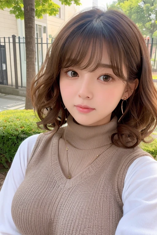 masutepiece, Best Quality, Illustration, Ultra-detailed, finely detail, hight resolution, 8K Wallpaper, Perfect dynamic composition, Beautiful detailed eyes, Trendy Women's Fashion Winter Clothes,Bun hair,Small breasts natural color lip, sexypose,Smile,Harajuku、20 years girl、Cute、is looking at the camera