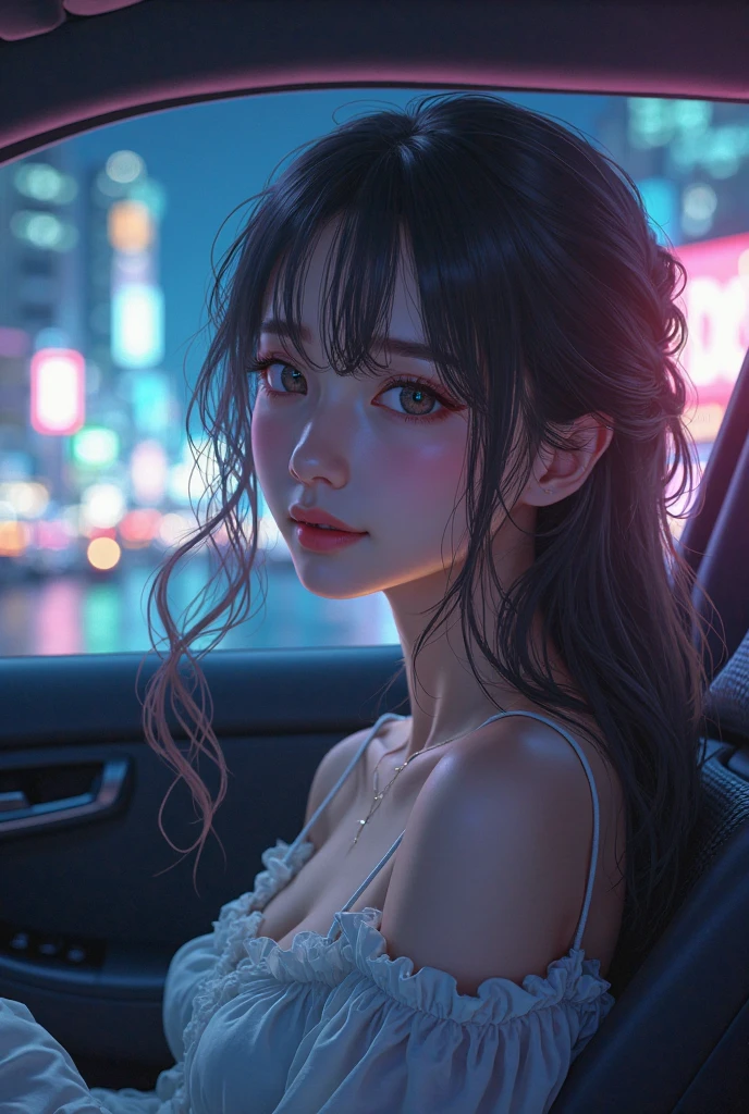 Sexy woman, seductive eyes, bending forward, through car window, cleavage, night time, raining