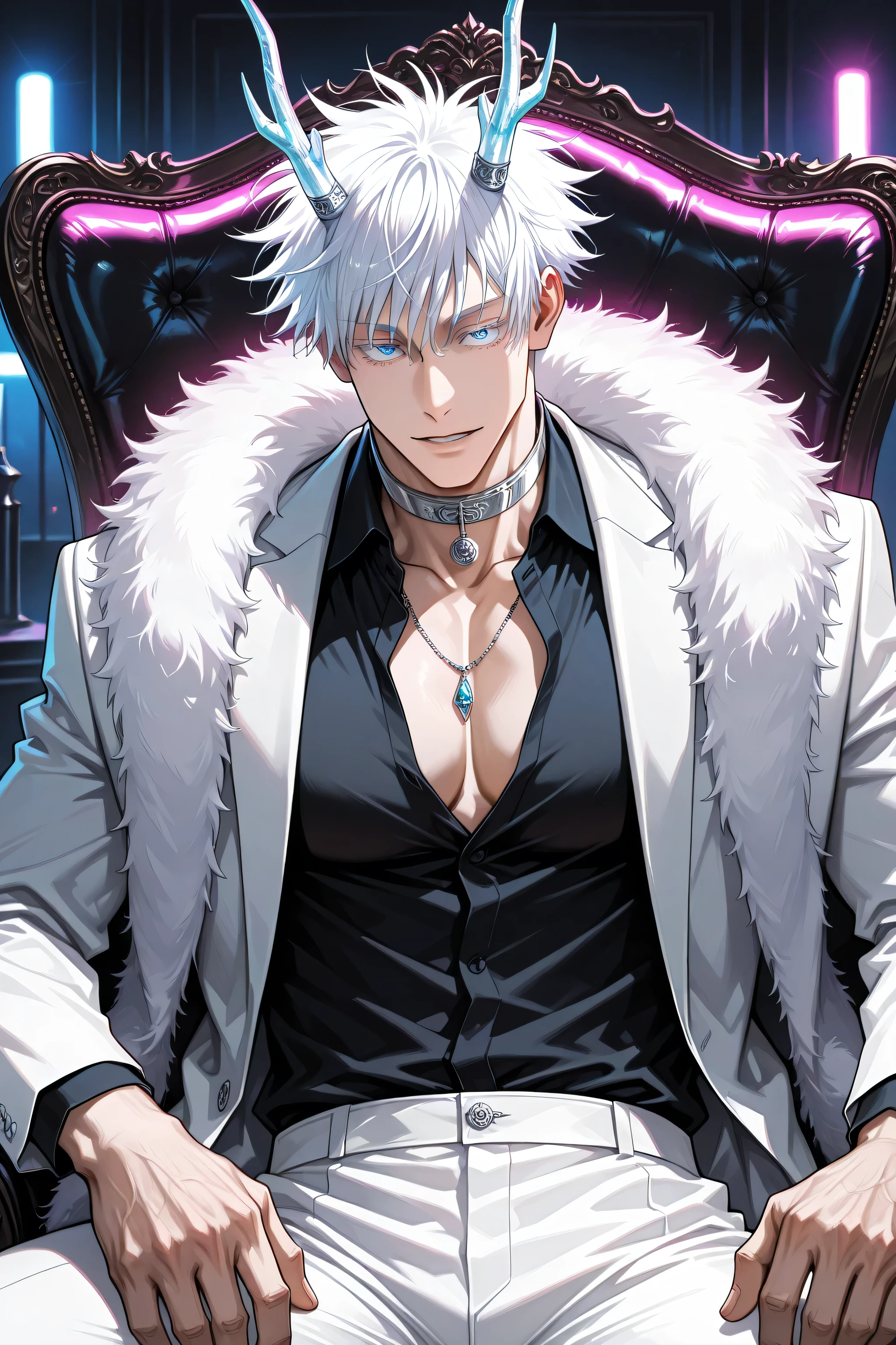 1man, gojou satoru /(jujustu kaisen/), detailed eyes, blue eyes, white hair, short hair, detailed eyelashes, colored eyelashes, sexy man, trained body, muscular, handsome, cool, mature man, adult, male, elegant man, heterochromia, fur boa, black shirt,Collar shirt, cleveage,white suit jacket, white pants, silver jewellery, horn jewellery, emotionless, bust shot, face in focus,sitting, leather chair, dark room, neon lights, close up, facing viewer, dragon horns, dragon tail, white dragon tail,intensely saturated lighting effects, luminous reflections, HDR-like contrast, vibrant color palette,glowing lights, vibrant reflections, surreal lighting, HDR effect, cinematic vividness,bright eyes, bright effects:1.1, contrasting colors,