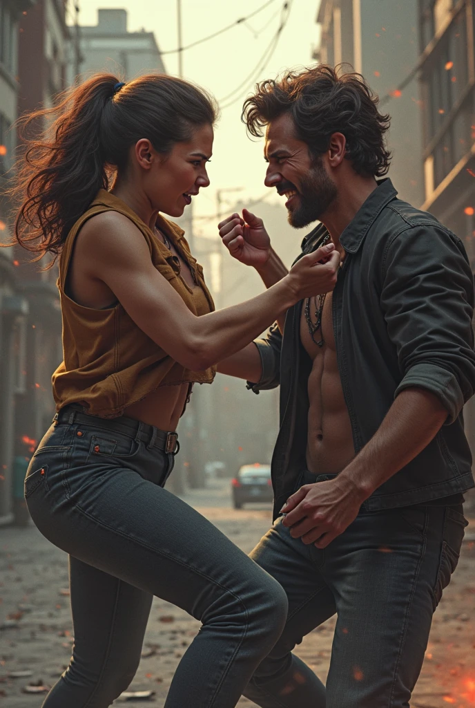 Smiling Nora fatehi in black leather jacket lifting a large chubby man over her head in a empty street, full view