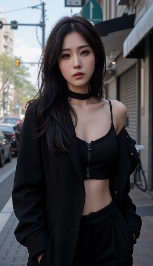 Best qualities,杰作,The ultra-great resolution,(逼真:1.4),1girls,sexly,(Open black coat:1.2),(bra:1.2),(largebreasts:1.3),(shortpants:1.4),Close up of,long haired,Romantic at night