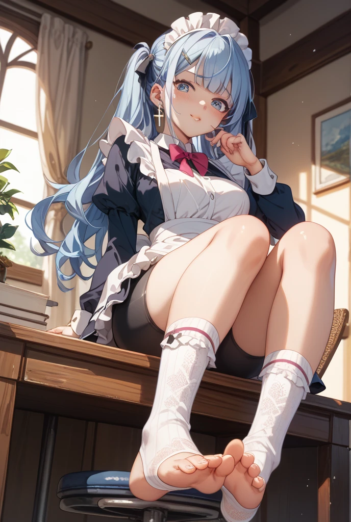 masuter piece, top-quality、Best Quality、Hi-Res、ultra-detailliert、Wallpaper, ultra -detail, Absurd beauty, 1beautiful girl、Big crisp eyes、Slender legs、Make your head smaller、miscievous smile、Angle looking up from below:1.2、♡♡♡、(Seated Pose)、thighs thighs thighs thighs、Ultra Fine Fingers, ultra-detailliert, hightquality,
