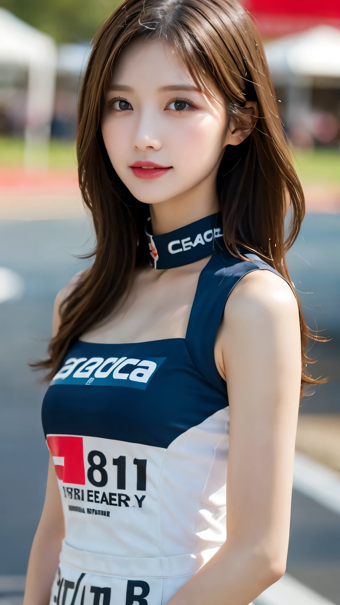 TOP quality,8K, masterpiece, (realistic:1.2),(1girl:1.2), 18yo, (smile, laugh, happy:1.2), race queen, navel
