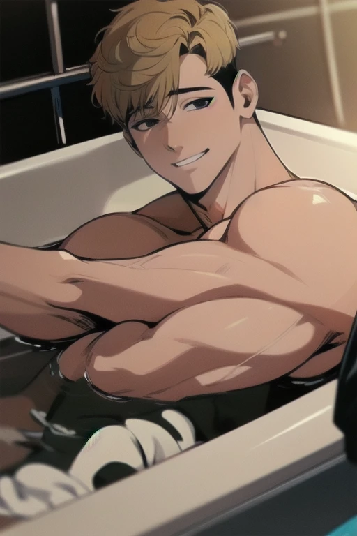 Genshin impact, A handsome man with a big chest in a bathtub, bubble bath, big pecs, big dick, big penis, masturbating, jerking off, orgasm, cum, cumming, ahegao, attractive male, sexy masculine, relaxing, handsome male, oppai, oppai proportions, cinematic lighting, nsfw, ((best quality)), ((masterpiece)), (detailed)