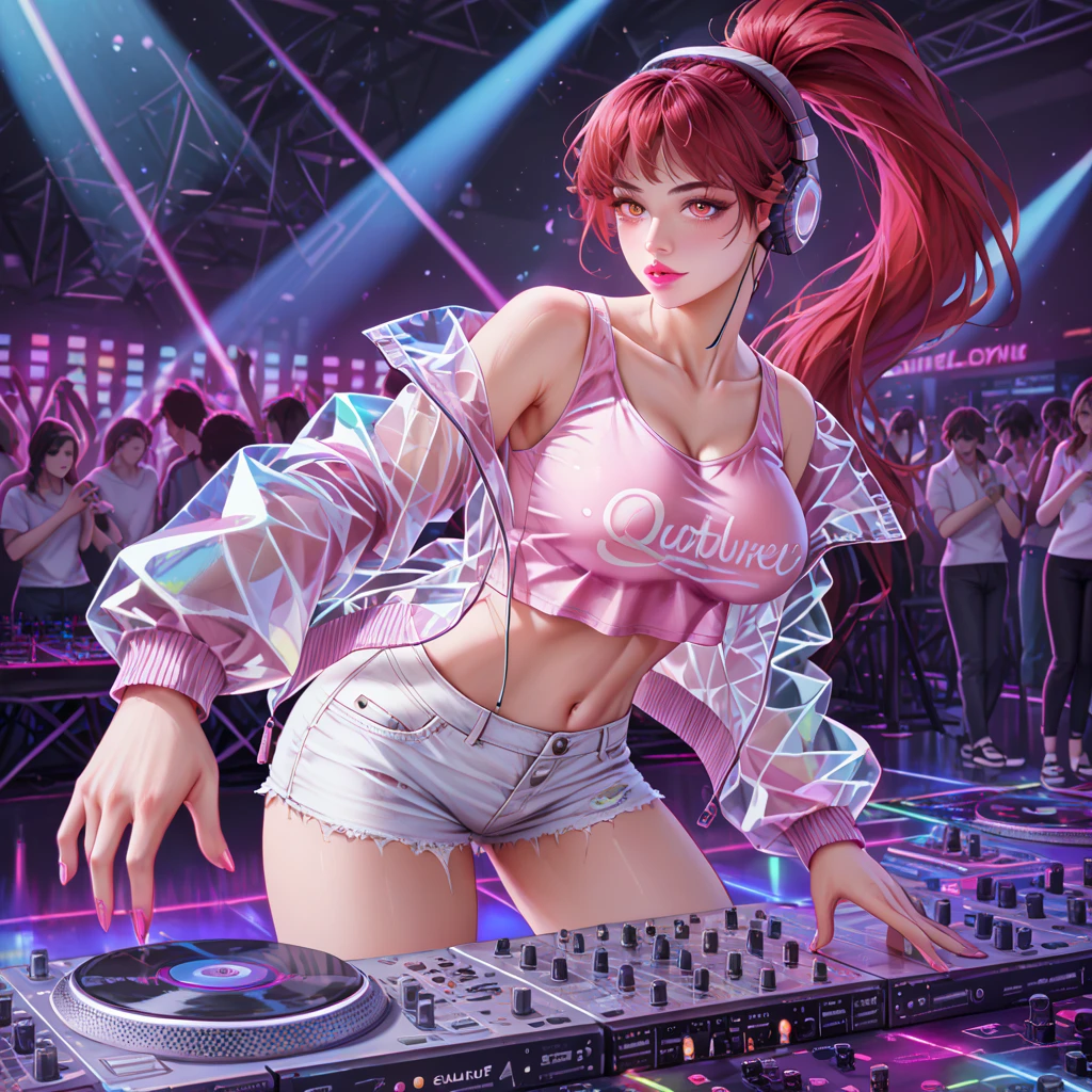 1 beautiful girl wearing headphones, medium breasts, orange sex dress, dancing in a nightclub, electro music,