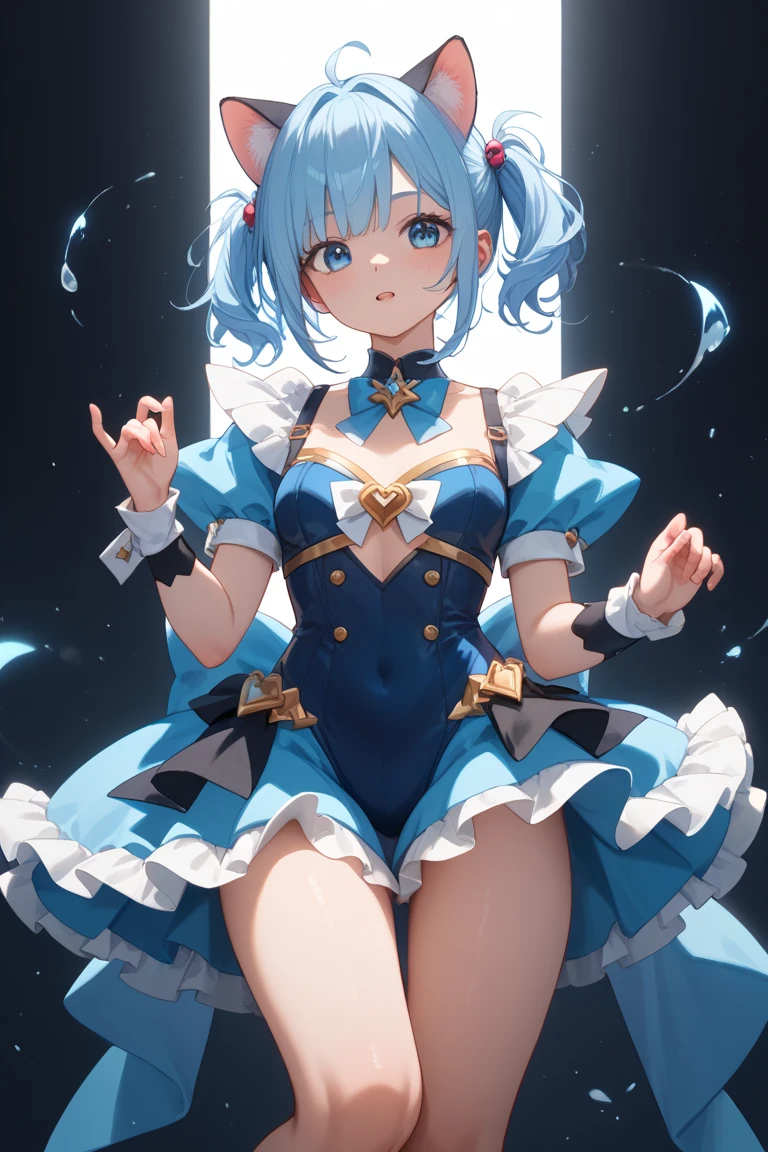 blue hair with curly pigtails, a blue dress, gwen lol, on giant scissors, with her feet extended