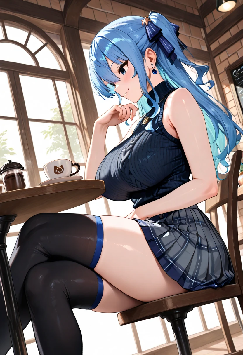 anime girl1, Beautiful blue hair, blue eyes, (bangs cover left eye) His left eye is visible slightly behind his long bangs, (wearing an elegant white noble shirt) wearing an elegant white tie jabot (long elegant noble shirt dress) Sitting on an elegant wooden chair, Skirt covers elegant legs (wearing elegant sparkling white glass shoes) (Hands on the table holding a cup of tea) smiling gently (perfect long straight blue hair) Body position facing to the left (head facing to the left) (image seen from top of head to toes looking down) Background of a luxurious, magnificent palace, detailed size (window light), shiny ceramics (perfect body, left hand holding a tea cup, right hand on a shiny, elegant wooden table, solo, Perfect soft straight blue hair, perfect long shirt sleeves perfect long tight skirt perfect legs perfect body position