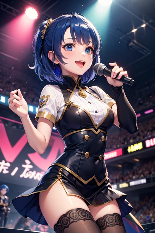 Urzo-6500-V1.1,(Raw photo:1.2), (Photorealistic:1.4),Beautiful meticulous girl, extremely detailed eye and face, Beautiful detailed eyes, absurderes, unbelievable Ridiculous, hugefilesize, ultra - detailed, hight resolution, Very detailed,best qualtiy,tmasterpiece,((Mode Fashion、perfume、notch)),illustratio,Very detailed,nffsw,unified,8k wallpaper,Amazing Cleavage,Up to detail,tmasterpiece,best qualtiy,AJC Unity 8K Wall Binding,Light on the Face,cinmatic lighting, girl with, Microphone in hand,bro,Stand on a huge stage,There is a big screen behind you、Laser beam、short-hair、Forehead、skiny、(((Tight Dress、clothes shiny)))