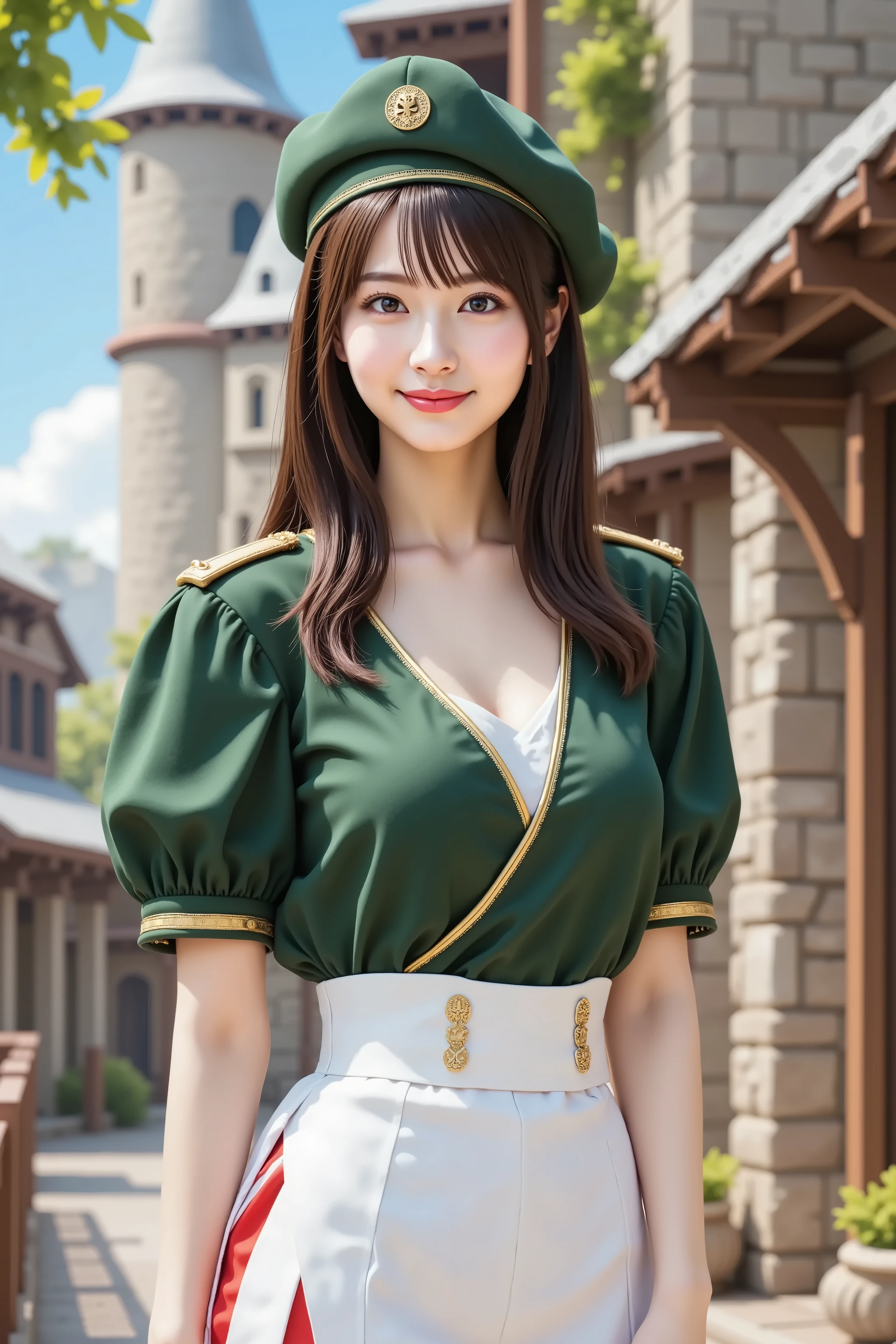 by adjusting the framing so the subject's full head is visible within the composition, a highly detailed and realistic digital illustration of a female character in a stylized military-inspired fantasy outfit, Large breast, taut , cleavage, smile, A highly detailed illustration of a young woman shown from just below the shoulders, with her full head completely visible in frame. She is wearing a fantasy-inspired outfit that consists of a green short-sleeved top with gold trim and structured seams, fitted at the waist and featuring ornate golden fasteners. The top is worn over a white undershirt with puffy sleeves visible at the edges. She has white high-waisted pants with red inner linings visible through long, draped side panels attached to the waist. Her outfit is layered and tailored, evoking a ceremonial or adventurer-style aesthetic. A green beret-like hat with a gold emblem rests on her head, fitting snugly and tilted slightly to one side. The outfit should show clear material properties like the soft texture of cloth, the reflective quality of gold trim, and subtle fabric tension across her torso and limbs. The background depicts a fantasy town setting under bright daylight with stone towers, wooden structures, leafy trees, and a sky filled with soft clouds. The stone textures, wooden beams, and tree foliage must appear richly detailed and consistent with the perspective and lighting. Shadows should fall naturally from the character and surrounding objects based on the sun’s angle. Lighting should create gentle highlights on metallic and cloth surfaces, enhancing realism despite the stylized aesthetic. The overall atmosphere is bright and immersive, combining fantasy architecture and natural elements. The composition should keep the character centered and fully within the frame, with enough visible environment to establish a grounded setting. The framing begins just below the shoulders, allowing focus on the character's upper attire, posture, and facial ex