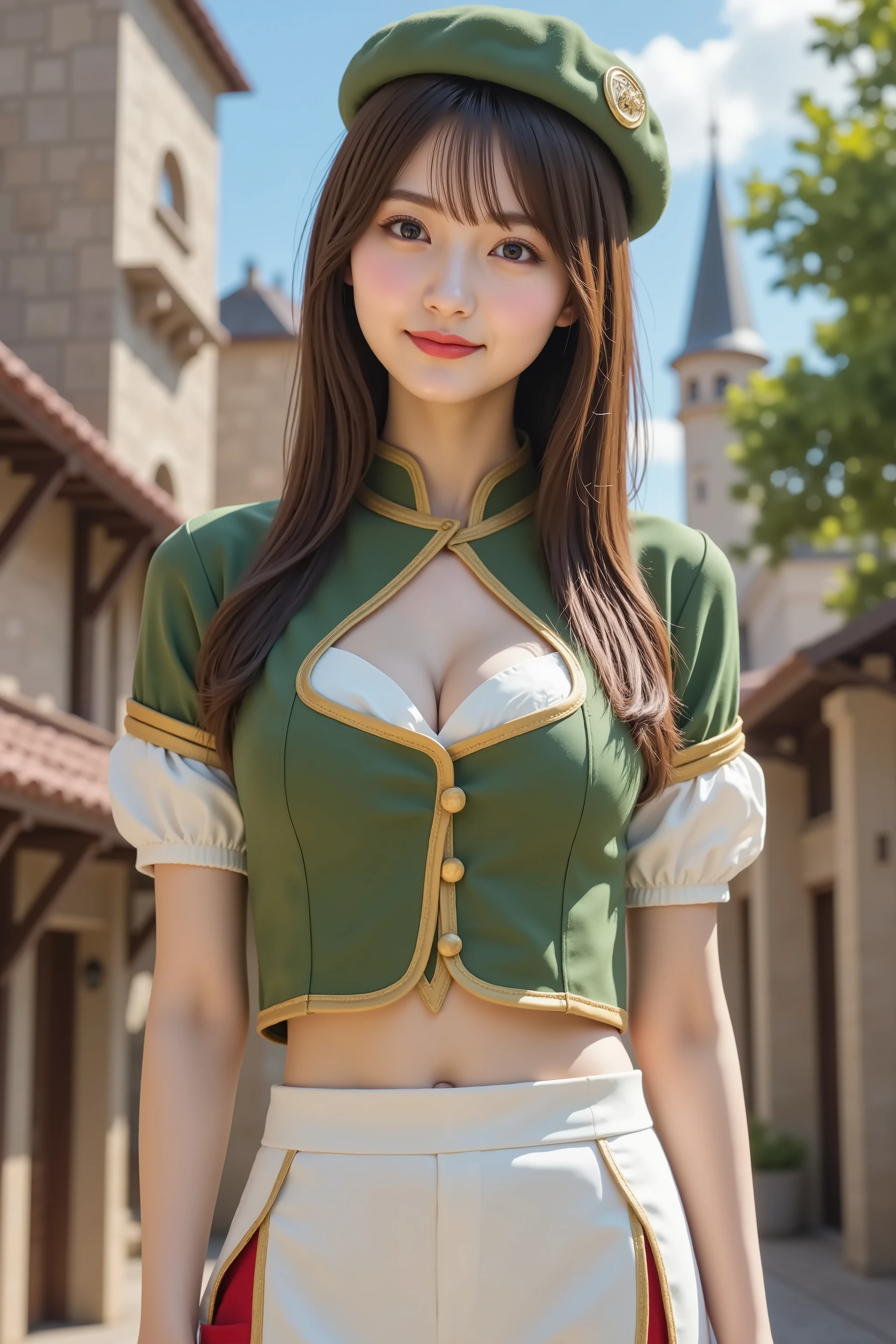 by adjusting the framing so the subject's full head is visible within the composition, a highly detailed and realistic digital illustration of a female character in a stylized military-inspired fantasy outfit, Large breast, taut , cleavage, smile, A highly detailed illustration of a young woman shown from just below the shoulders, with her full head completely visible in frame. She is wearing a fantasy-inspired outfit that consists of a green short-sleeved top with gold trim and structured seams, fitted at the waist and featuring ornate golden fasteners. The top is worn over a white undershirt with puffy sleeves visible at the edges. She has white high-waisted pants with red inner linings visible through long, draped side panels attached to the waist. Her outfit is layered and tailored, evoking a ceremonial or adventurer-style aesthetic. A green beret-like hat with a gold emblem rests on her head, fitting snugly and tilted slightly to one side. The outfit should show clear material properties like the soft texture of cloth, the reflective quality of gold trim, and subtle fabric tension across her torso and limbs. The background depicts a fantasy town setting under bright daylight with stone towers, wooden structures, leafy trees, and a sky filled with soft clouds. The stone textures, wooden beams, and tree foliage must appear richly detailed and consistent with the perspective and lighting. Shadows should fall naturally from the character and surrounding objects based on the sun’s angle. Lighting should create gentle highlights on metallic and cloth surfaces, enhancing realism despite the stylized aesthetic. The overall atmosphere is bright and immersive, combining fantasy architecture and natural elements. The composition should keep the character centered and fully within the frame, with enough visible environment to establish a grounded setting. The framing begins just below the shoulders, allowing focus on the character's upper attire, posture, and facial ex