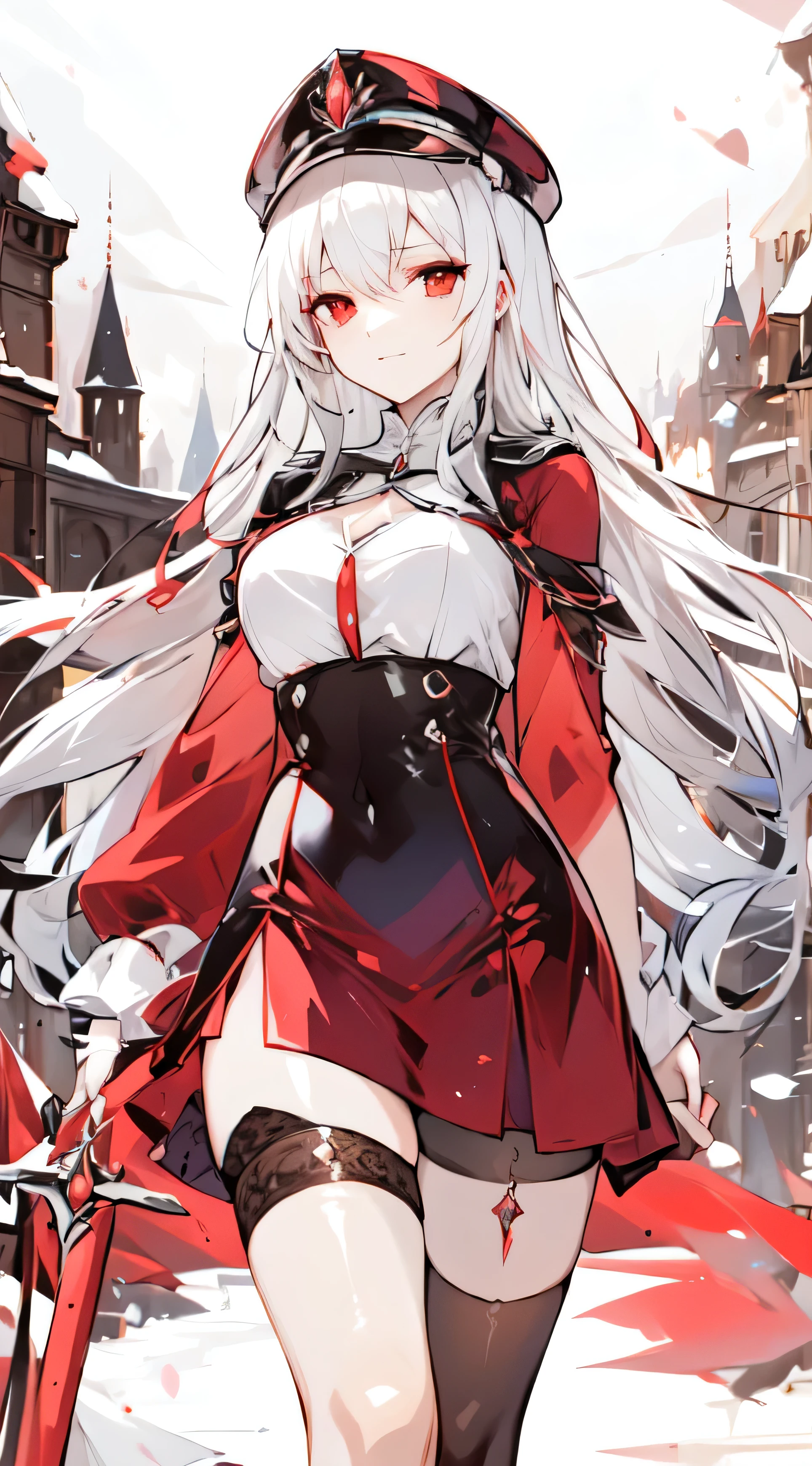 "An elegant and mature woman with long white hair attached, bright and pointed red eyes, porte une jupe noire court dans le dessert et a l’air cool."