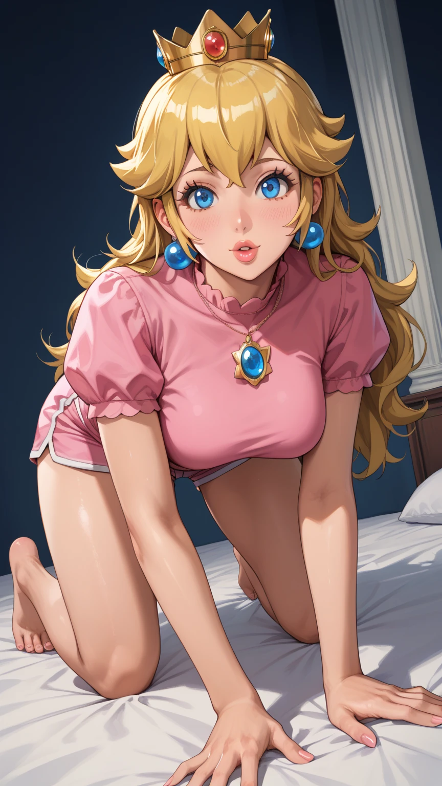 highres, masterpiece, perfect luminosity, flower, cinematic lighting, bedroom, open-legged, adult, perfect skin, female, ((cowboy shot)), kneeling, smile, ((Princess dress, pink dress, lift skirt, skirtlift)), pubic hairy, har pubic, narrow waist, thin, (Princess Peach), detailed eyes, blue eyes, choker, sexy pink lips, ((shiny lips)), pumps, shiny skin, oily skin, beautiful light, (day: 1.3), shiny, hot, sexy, nsfw, medium breasts,
