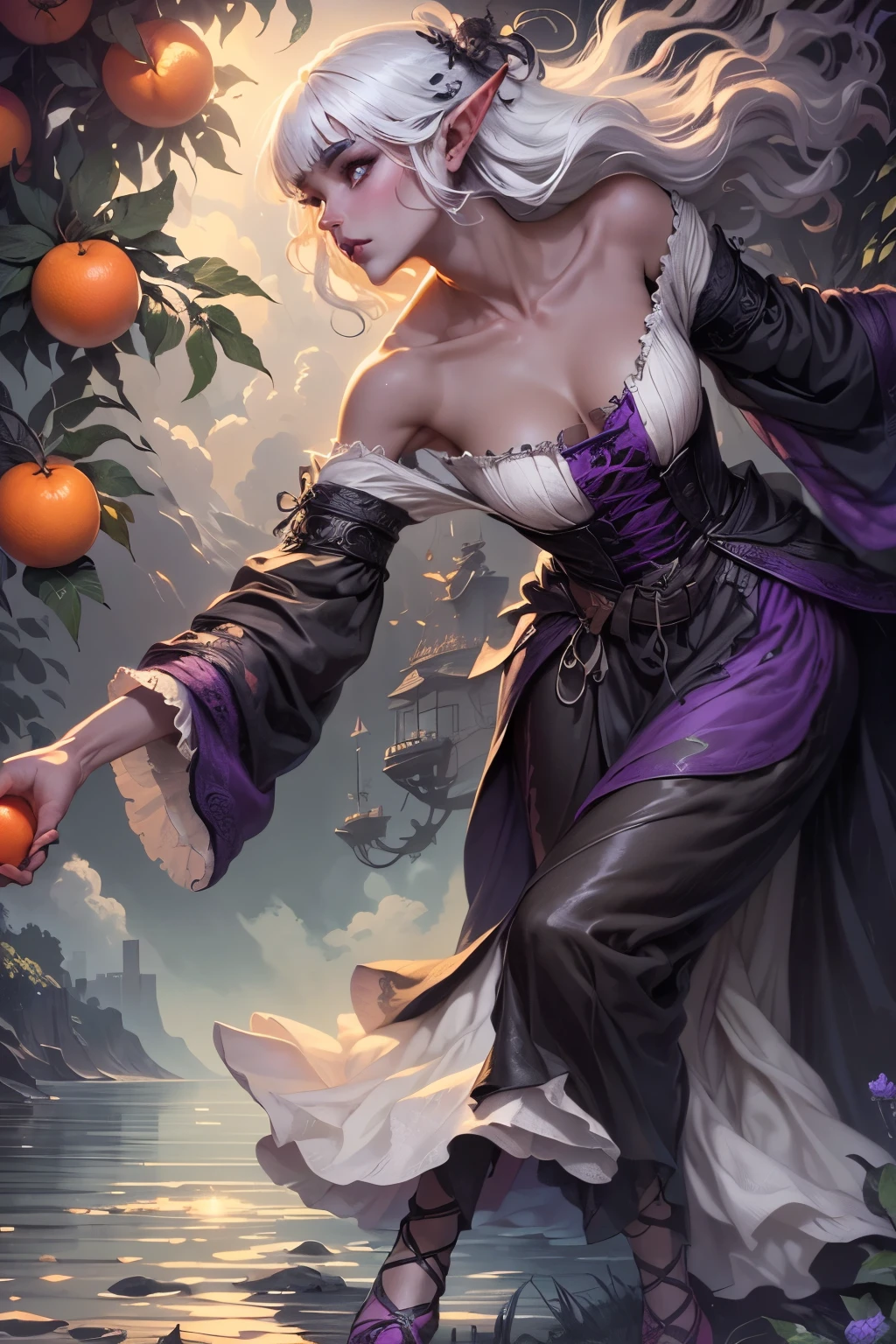 (Ultra-detailed face, Looking Away, Gothic Illustration, Dark Tone Colors.) , BREAK
(A medieval Italian orchard. A dark elf woman bends over and twists her body, reaching out her hand in a bold pose to carefully harvest the fruit of an Italian orange. She has white hair, dark purple skin, wears a simple old-fashioned lace-up dress of young gray-colored linen, and sandals. The painting depicts the woman from a perspective looking down on her from above. A fresh sea breeze is blowing.) , BREAK
(The female dark elf has white hair and white eyebrows, crisp bangs, long wavy hair to her waist, small pink lips, lavender eyes, dark purple skin, and dark eyeliner.)