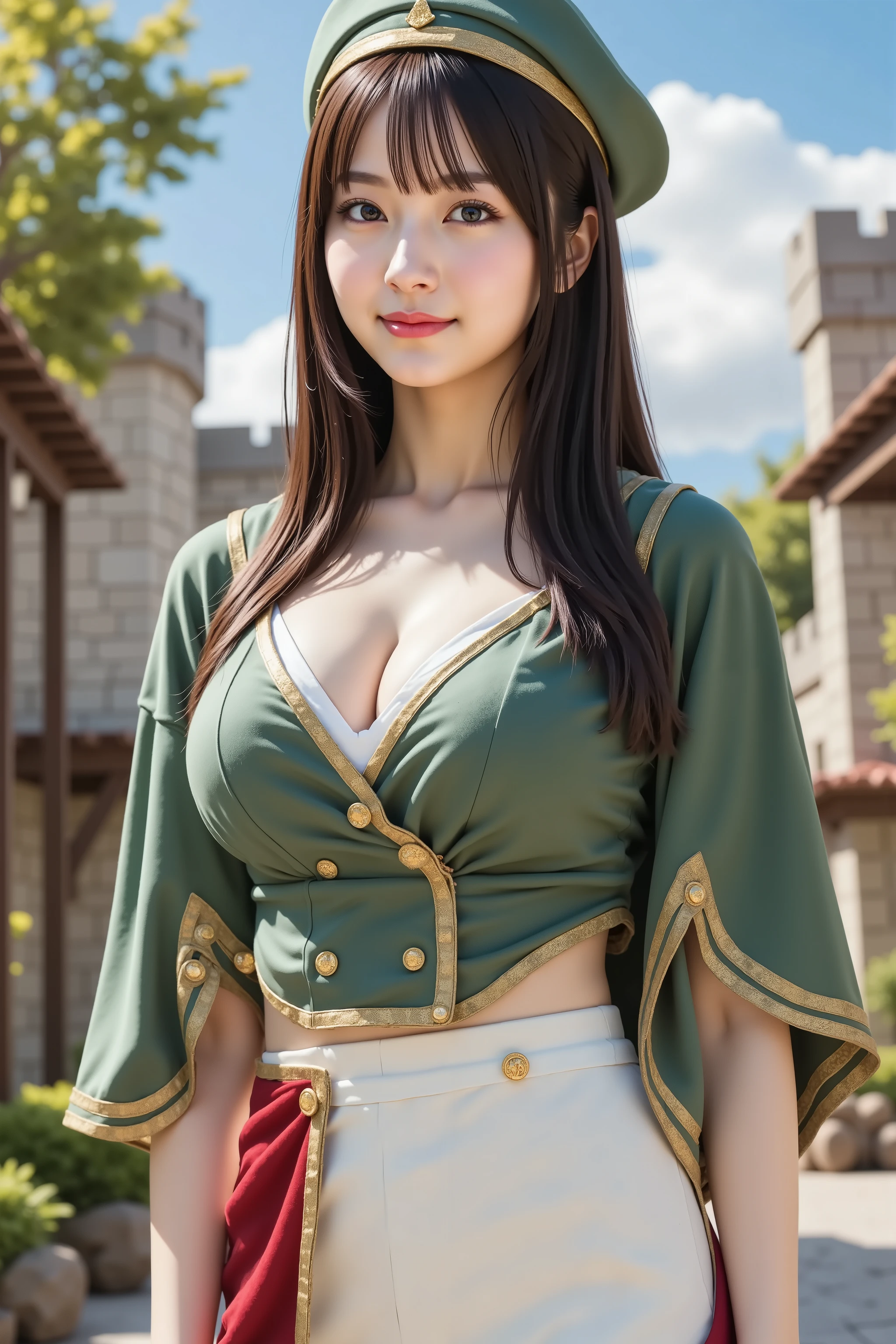 by adjusting the framing so the subject's full head is visible within the composition, a highly detailed and realistic digital illustration of a female character in a stylized military-inspired fantasy outfit, Large breast, taut , cleavage, smile, A highly detailed illustration of a young woman shown from just below the shoulders, with her full head completely visible in frame. She is wearing a fantasy-inspired outfit that consists of a green short-sleeved top with gold trim and structured seams, fitted at the waist and featuring ornate golden fasteners. The top is worn over a white undershirt with puffy sleeves visible at the edges. She has white high-waisted pants with red inner linings visible through long, draped side panels attached to the waist. Her outfit is layered and tailored, evoking a ceremonial or adventurer-style aesthetic. A green beret-like hat with a gold emblem rests on her head, fitting snugly and tilted slightly to one side. The outfit should show clear material properties like the soft texture of cloth, the reflective quality of gold trim, and subtle fabric tension across her torso and limbs. The background depicts a fantasy town setting under bright daylight with stone towers, wooden structures, leafy trees, and a sky filled with soft clouds. The stone textures, wooden beams, and tree foliage must appear richly detailed and consistent with the perspective and lighting. Shadows should fall naturally from the character and surrounding objects based on the sun’s angle. Lighting should create gentle highlights on metallic and cloth surfaces, enhancing realism despite the stylized aesthetic. The overall atmosphere is bright and immersive, combining fantasy architecture and natural elements. The composition should keep the character centered and fully within the frame, with enough visible environment to establish a grounded setting. The framing begins just below the shoulders, allowing focus on the character's upper attire, posture, and facial ex