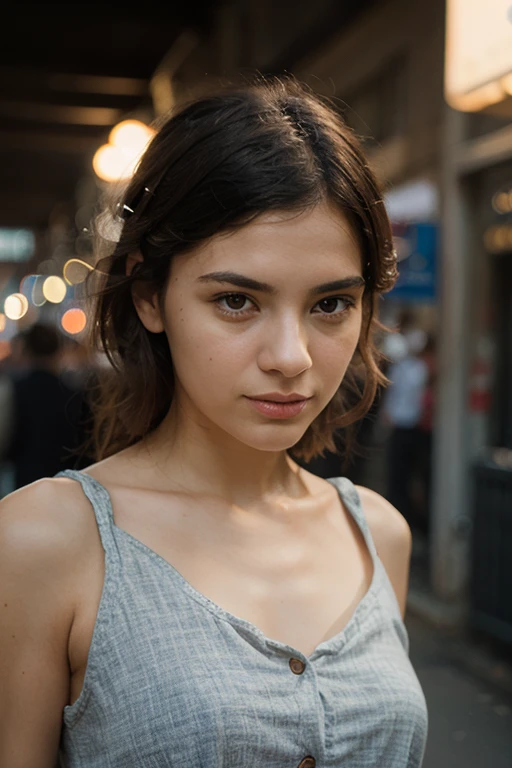 instagram photo, closeup face photo of a young french girl in dress, beautiful face, makeup, night city street, bokeh, motion blur