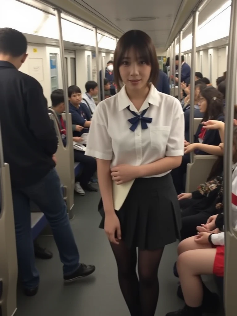 (Highest quality, 8K, masterpiece:1.3, 1 Girl, alone, beautiful girl), cute, dynamism, Detailed face, Detailed skin, Detailed clothing, Fine grain, Detailed lips, Detailed tongue, Detailed fingers, Mouth details, Realistic, RAW Photos, High resolution, High resolution, Natural light, Dynamic pose, Perfect Anatomy, Toned Legs, double eyelid, Tear bags, Round eyes, Moist lips, Sweaty, Ecstatic face, School uniform, Pleated skirt, Blunt bangs, short hair, In a crowded train, crowd, Half closed eyes, (Masturbation), Nipples visible through clothing, blush, throw, Open your mouth, Sticking out tongue, Ahegao Smile, Drooling, Pee, Cum on thighs, Lift your skirt with your own hands, Are standing, pantyhose, Pubic hair visible through clothing, From below