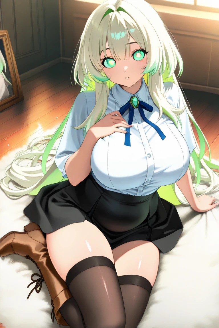 (((score_9, score_8_up, score_7_up, 1girl,solo,long hair,blonde hair,green eyes,ahoge,white hairpin,hair intakes,bow,))),iyojima anzu,blond hair,green eye,gigantic breast,((Perfect body,))((Super beautiful,))((High quality,))pov, Looking at Viewer,(masterpiece), best quality, Super high quality, super high resolution, sweaty body, shiny skin,nsfw,super huge breasts,Open your crotch and legs wide and lie down on the bed,Sweaty body, covered in semen, semen dripping from her crotch,, jacket, white panty hose, shirt, black blazer, neck ribbon,(((Pleated skirt that is very short and exposes underwear))),(((standing with thighs and legs spread wide))),Rough breathing, sweaty body,Blushing, looking shy and glaring at me,She lifts up her skirt and shows off her crotch.see-through Underwear,Sweaty body, covered in semen, semen dripping from her crotch,pov, Looking at Viewer,