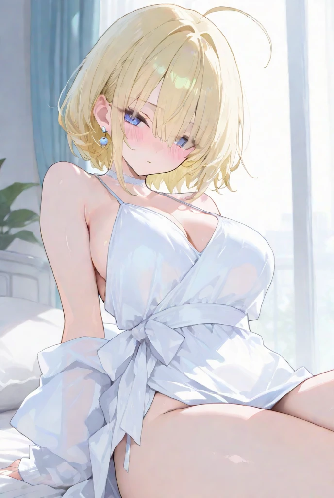 Highest quality、Ultra-precision、One Girl、(Kagamine_Also)、 Yellow Eyes、Cute S、short hair、White Hair Ribbon、Valletta、blonde、Embarrassed look、younger sister、On the bed、Large Breasts、No clothes、naked、NSFW、Please show me your whole body