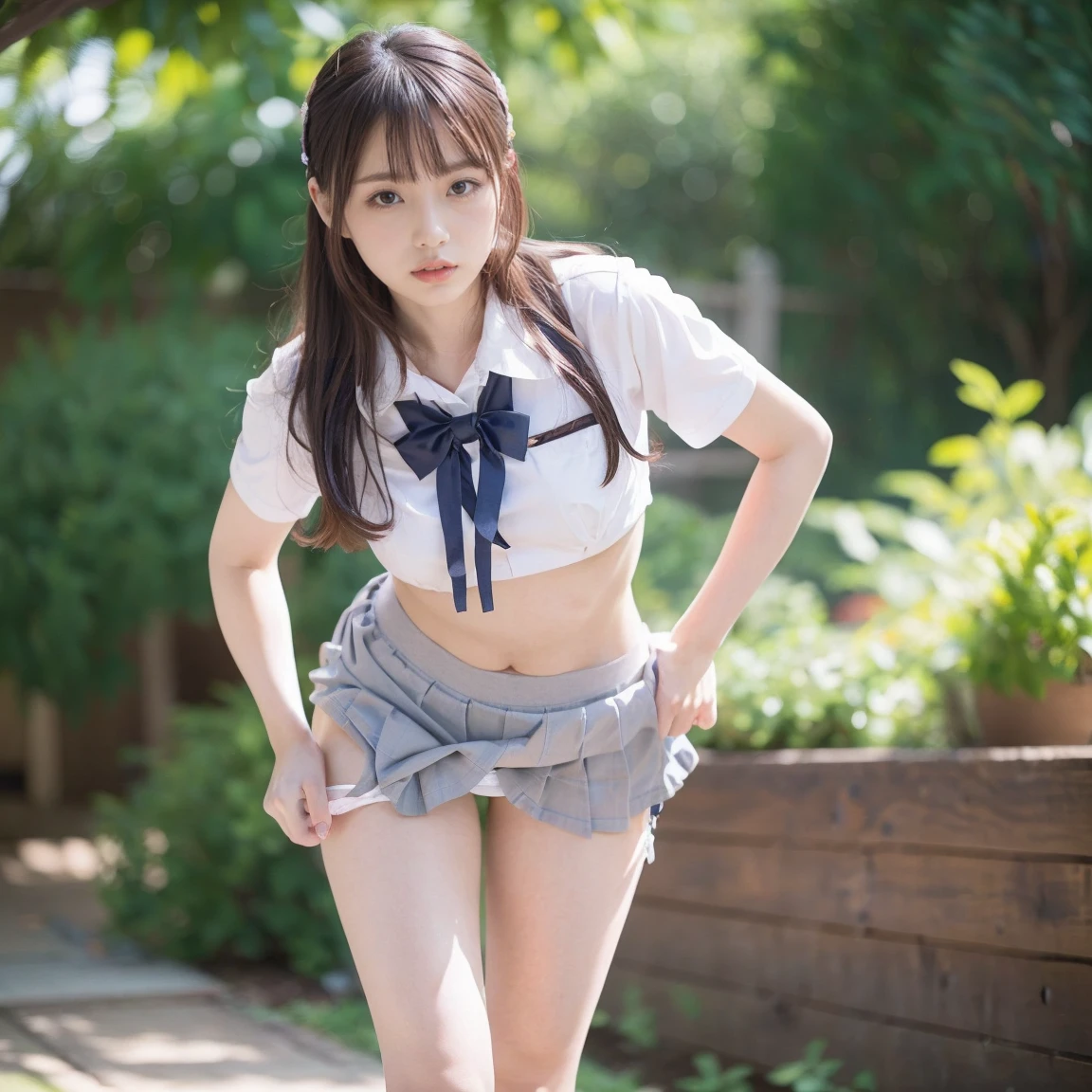 ultra-detailliert、​masterpiece、top-quality、超A high resolution、8K high image quality、Photogenic clarity、A detailed eye、gradients、Spring outdoor、During the School Cultural Festival、Lots of people、perfect anatomy body proportions ,hard disk、nffsw , Nikon Z9 80mm Lens , masutepiece、Model Standing、Tiny panties、Small micro panties、Pubic hair can be seen through the lace of the panties、(((Panties are mint green mint green panties made of lace material)))、(((Dark blue school uniform、White blouses、Cute white white short sleeve blouse with red ribbon、short loose socks、dark brown loafers)))、(((See all panties)))、(((i&#39;I&#39;m definitely wearing a skirt)))、(((Lift skirt hem)))、Sit with your thighs slightly turned inward..、panties focus、too bright natural light、Sunshine、Detailed lace panty pattern、Plain white panties、(((Lifting skirt while standing to show off panties to camera)))、(((Beautiful alignment and snow-white teeth)))、(((Lift the skirt bigger and bigger,、Show your panties to the camera)))、The most popular and beautiful employees of the company、Ultra slim body Gcup bust、Body shape of slim model、Beautiful posture、