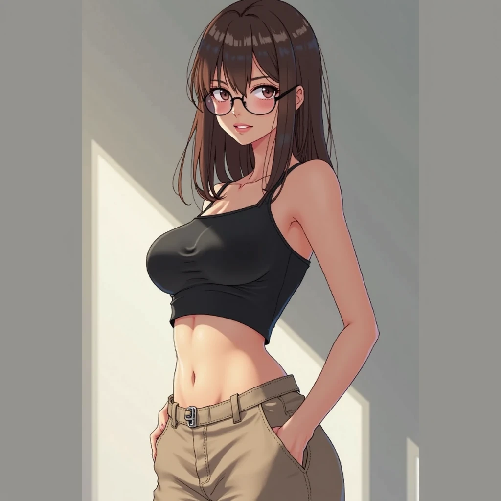Woman, skinny fit and toned body, thick breasts, cleavage, straight brown hair with bangs, circle glasses, skimpy tank top bra, slutty high rise thong, sexy lounging pose, soft smile, blushing, high detail