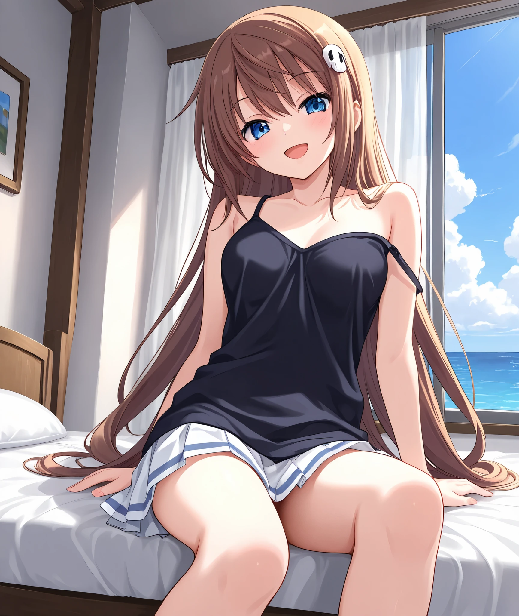 slender, mature female,1girl, rating:safe, armpits, solo, v, lips, sitting, brown_hair, breasts, looking_at_viewer, barefoot, blurry, chair, smile, long_hair,on_back, arms_up, depth_of_field, lying, brown_eyes, cleavage, camisole, bangs, closed_mouth, collarbone, nose, legs_up, legs, blue_eyes, medium_breasts, black_eyes, bare_shoulders, arm_up, sunlight
