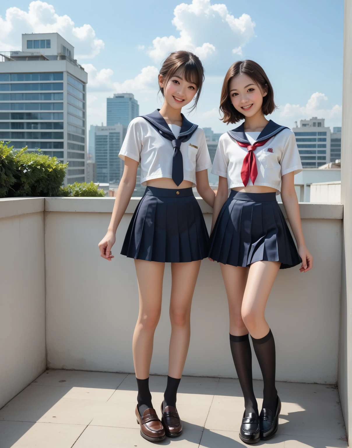 girls standing in school classroom,navy blue shirt with white sailor collar with red bow tie,white panties,18-year-old,bangs,a little smile,thighs,knees,short hair and low pigtails with barrette,from below,front light