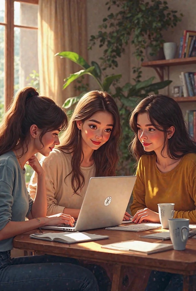 portrait of ((4 happy women)) sitting on the couch, working on different devices: two on a laptop, one on a tablet. one smartphone.   highly detailed, bright, cinematic rendering of characters, ultra-high quality model, studio lighting, detailed skin, ultra-realistic, bokeh
