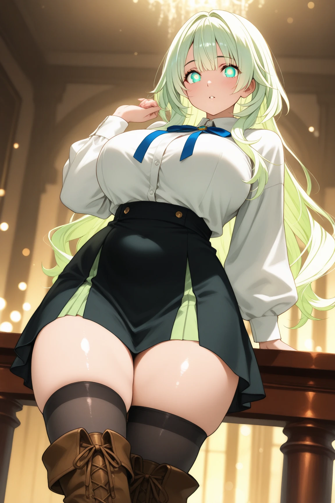 highest quality、All limbs、full finger、Slender beauty、straight hair、brown hair、Dereste、green, white and purple idol costume、white panties、high socks、beautiful big breasts、live stage、sing、dancing、big smile、tits