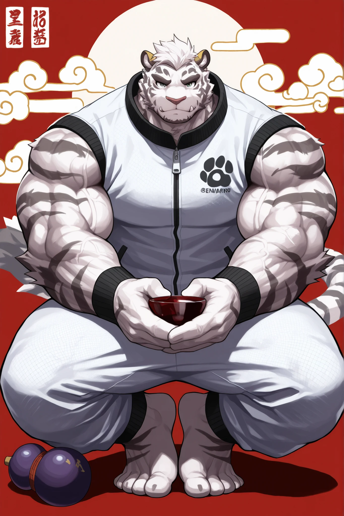 Mountain,solo,furry,White Tiger Orc,Around 20 years old,white sleeveless cloud pattern workout suit, Smooth muscles ,Wine gourd ,Golden Ears,with a pattern like a cloud,,鉄山靠, high resolution,high quality,five fingers,Stand with your feet together and crouch slightly on your knees, then step forward to hook the enemy's leg and slam them downwards with your back,by null-ghost