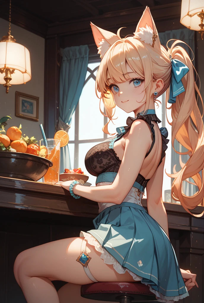 H cup big girl,Yellow hair,fishnet stockings,Erotic lingerie,blue color eyes,Cat ear decoration,Collar,It looks beautiful,Say hello happily at the table