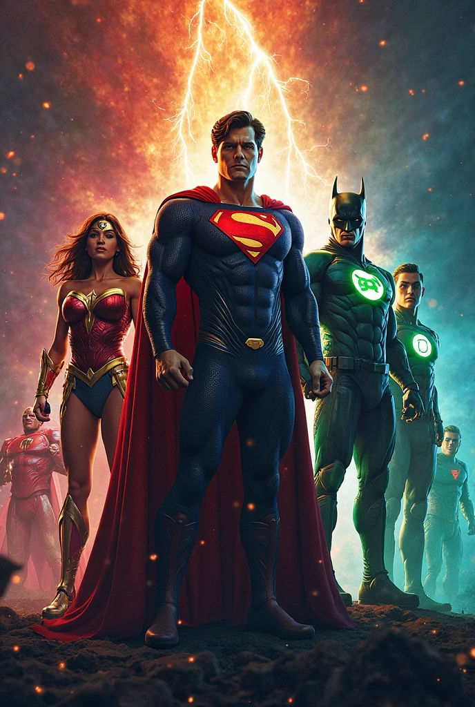 An epic, colorful poster illustration of the Justice League superheroes assembled together in a dynamic group. From left to right, there's Batman, Superman, Wonder Woman, Aquaman, The Flash, and Green Lantern. Each hero is showcasing their unique powers, with a sense of unity and determination in their faces. The background features a dark, stormy sky with lightning bolts and a cityscape, symbolizing the battles they face to protect the world. The overall atmosphere is powerful and action-packed, with a strong sense of heroism., poster, illustration