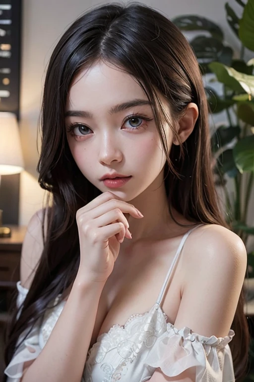 best quality,masterpiece,Very detailed,high resolution,4k,ultra high resolution,Detailed shadows,ultra actual,actual,dramatic lighting,1 girl,alone,Detailed face,actual eyes,actual skin, purple hair,dynamic poses, Sexy little pink lace bra and sexy little pink lace thong