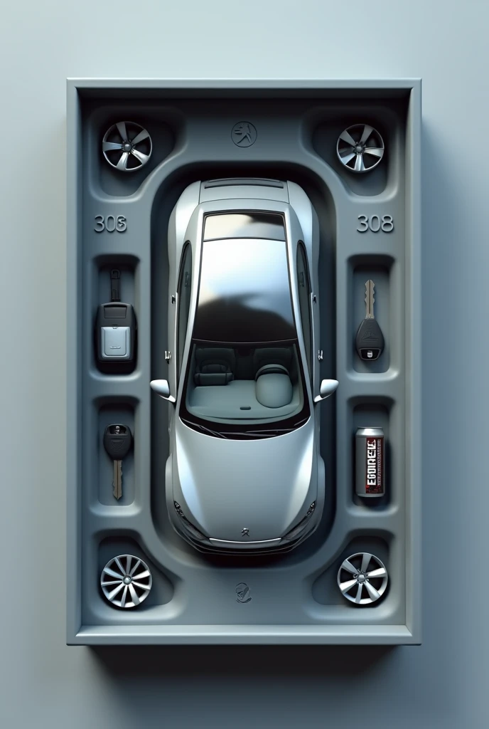 3D soft touch plastic car figure. The car must lie in the box on its side.
Car - copy every detail, Headlights,  Wheels , glass, doors and proportions. Focus on style and textures. The car is lying in a plastic niche, cells that follow its silhouette
Create a collectible car figure as an expensive toy in a package.
Style: as realistic as possible, what . The picture should be horizontal!
Caption [PEUGEOT 308] letters printed and engraved on the box at the top, box color [grey].
Accessories inside the box: car key, silver alloy wheels, energy drink bank
They are placed next to the toy in their places in separate,
Be sure to add to separate cells
Belarusian registration numbers - [6791HM-1]