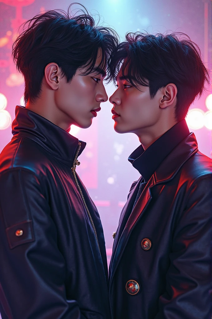 best quality, masterpiece, 8K, HD, two men, two males, close up of 25 year-old korean men, kissing passionately, masculine, stylish hair, tears streaming down face, sexy, gay, homoerotic, cyberpunk style, vibrant colors, intrictae details, perfection