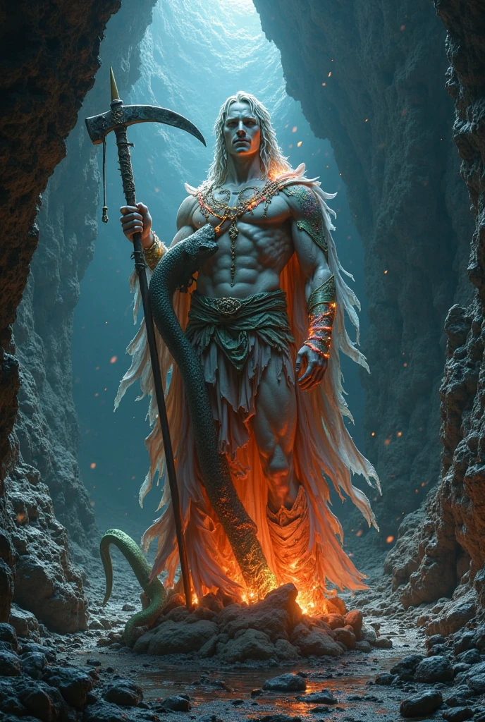 as an image with a triton with a trident, that is not so muscular and that the sea has flames