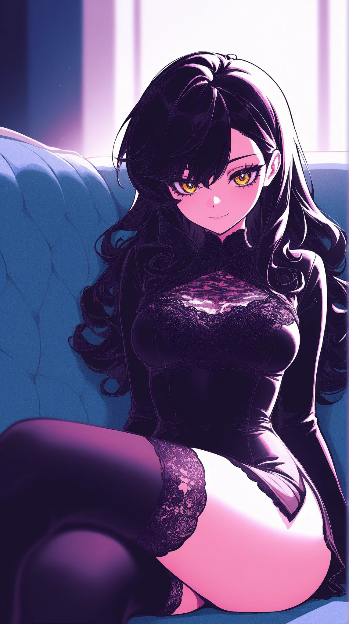 An anime style image of a black curly haired femboy, slender body with little body fat and large hips wearing a tight black shirt where her flat breasts stand out and a short skirt with a black mask on her face, with fat thighs with some fishnet tights on that are very sexualized and where a cute room