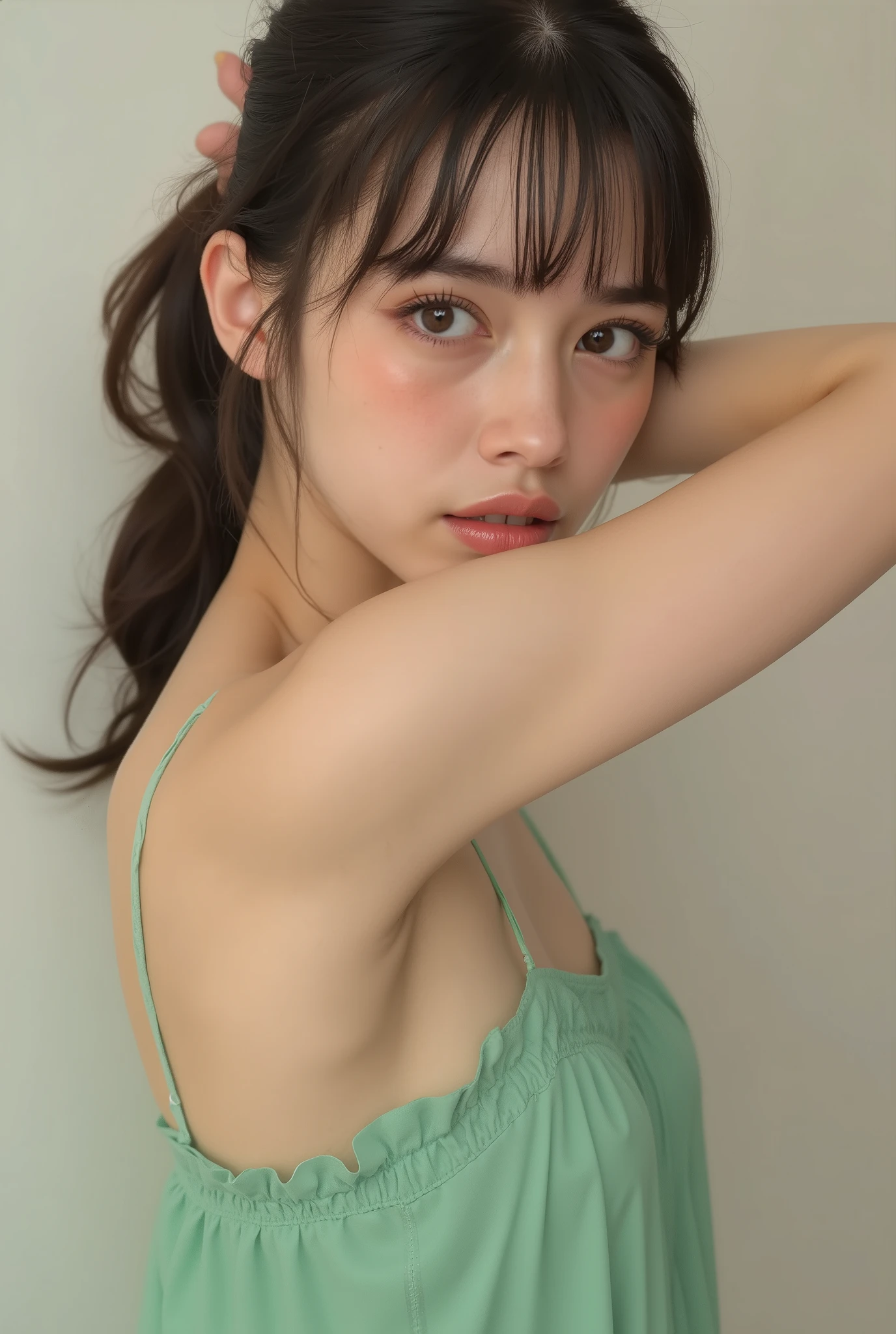 ((top quality)), (Details:1.2), 3d, An absurd resolution, high definition, (Masterpiece:1.2), ultra detail, a beautiful girl is worried about the smell of her armpits, lifts her arm and smells her armpit, (sniffing with her nose in her armpit:1.6), hyper detailed texture of her moist skin, (wearing stunning mint green summer dress:1.1),