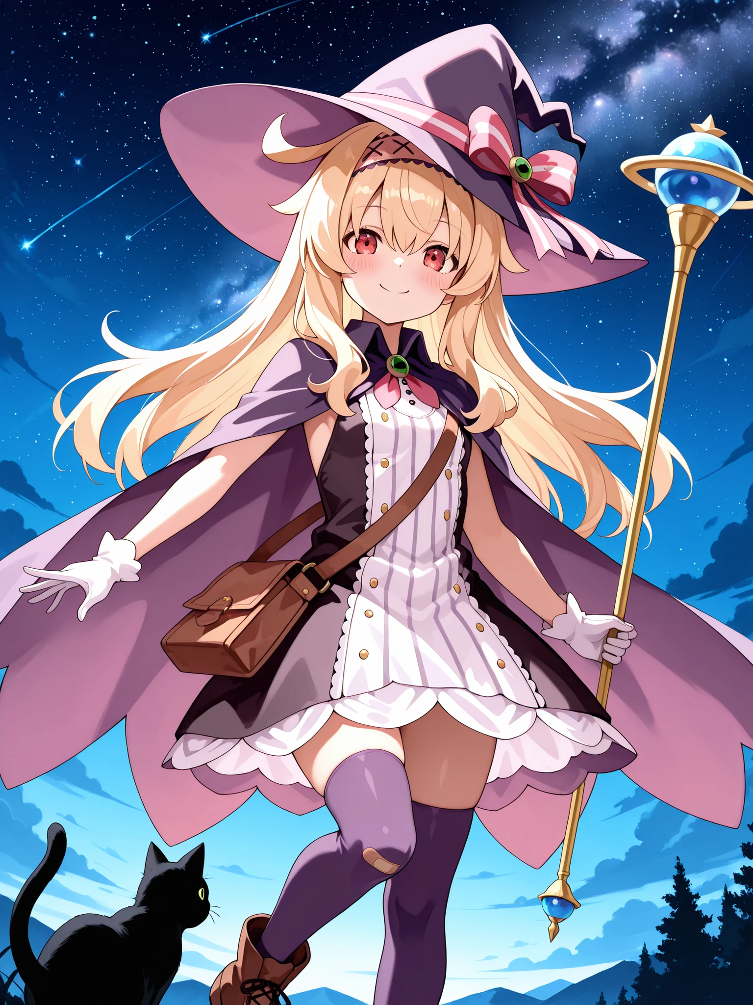 1girl ,little witch nobeta ,bandaid ,bandaid on knee ,bandaid on leg ,black cat ,blush ,blonde hair ,brown footwear ,cat ,cloak ,closed mouth ,dress ,flat chest ,gloves ,hair between eyes ,hairband ,hat ,holding ,holding staff ,holding weapon ,long hair ,looking at viewer ,night ,purple cloak ,purple thighhighs ,red eyes ,scepter ,shoes ,sky ,smile ,staff ,star (sky) ,starry sky ,straight hair ,thighhighs ,witch ,witch hat ,zettai ryouiki ,masterpiece, best quality, ultra detailed ,