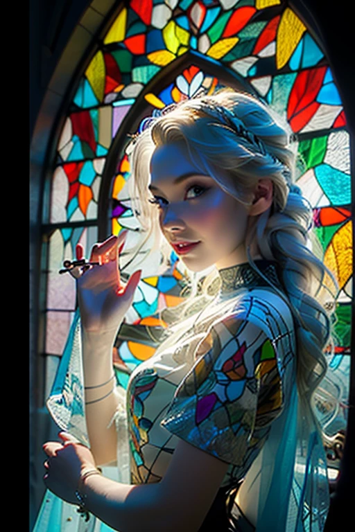 ( Masterpiece:1.25, exposed:1.2, White and vivid colors, navel),  (sexy junior idol), ((face variations)), portrayed in the best quality and high resolution. The image should be ultra-detailed, realistic, and photorealistic with a touch of rawness. back lighting, colorful Light shines through delicate stained glass. The medium can be a combination of photography and concept art. The color tone should be vibrant and vivid, enhancing the overall visual impact. (Whole Body proportions and all limbs are anatomically accurate), (nipple:-0.9) .