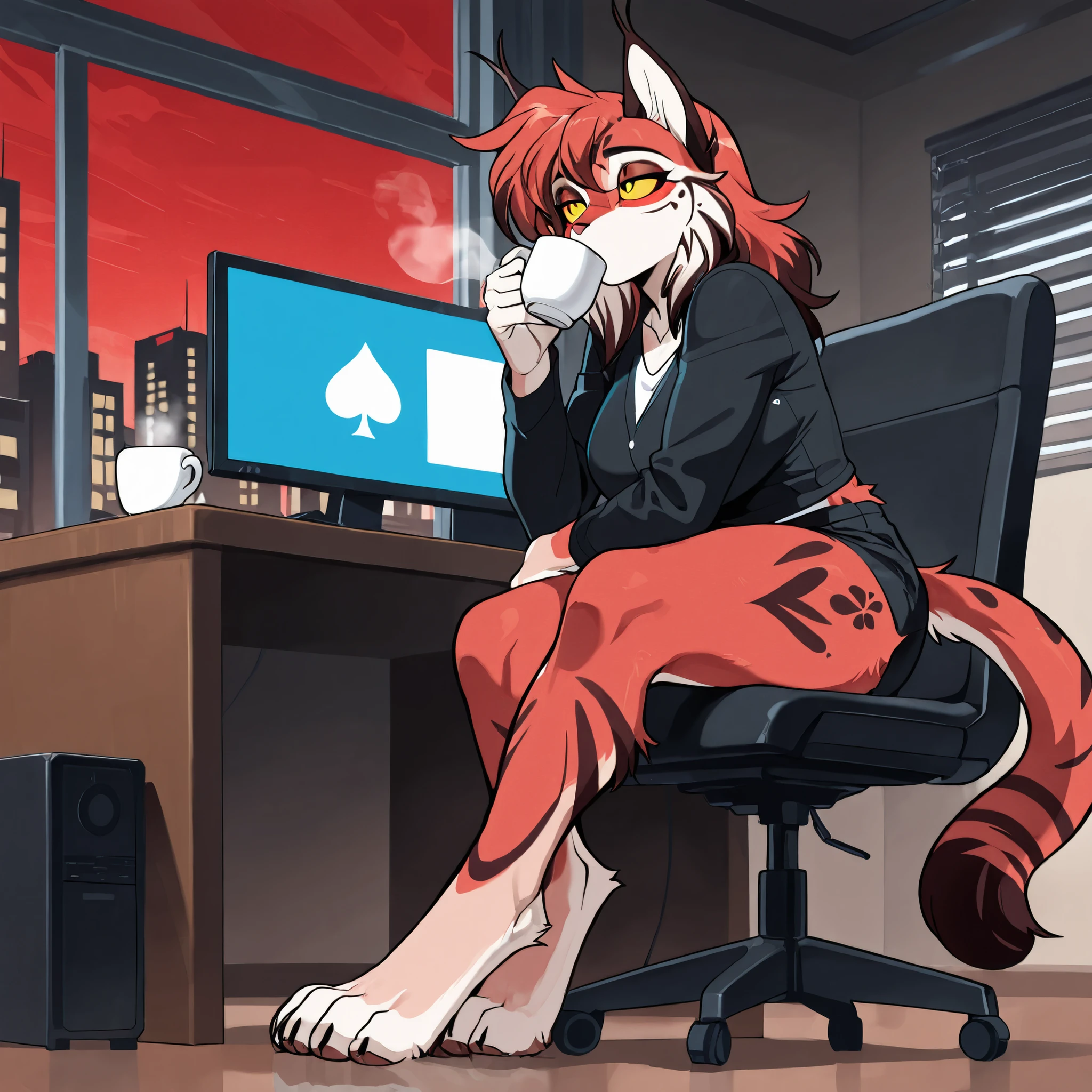 (Solo:5.5), anime style, anime shading, clean lines, masterpiece, best quality, full body picture, centered, anthro, strong body type, curvy, furry, anthro lynx, female lynx, red fur, lynx markings, 1girl, yellow eyes, red sclera, digitigrade legs, large hind paws, claws, standing pose, long cat tail, office attire, sitting at a desk with a computer, monitor screen has a spade on it, sipping coffee, tired, window with a red sky, city outside window