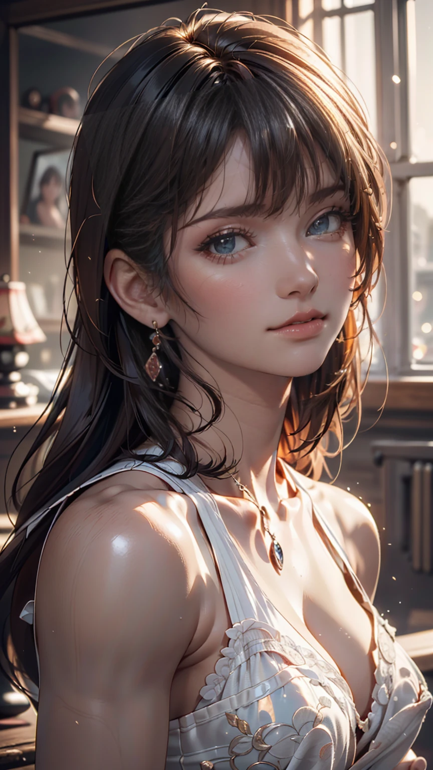 8k, RAW Photos, Realistic: 1.25), (Lip gloss, eyelash, Glossy face, Shiny skin, Highest quality, Ultra-high resolution, Depth of written boundary, chromatic aberration, Caustics, Moisturized lips, Super Trimmed Face, Sparkling, detailed eyes, Black Hair, semi-long, fashionable, Tight knit dress, thin