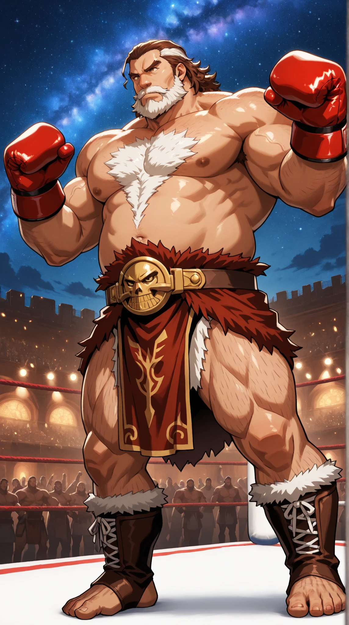 burly virile hairy elf, in a suit of armor, middle-aged, hirsute, overmuscular and musclebound, bulging veiny muscles, a warrior's build, a bodybuilder's physique, long bushy and a thick mustache, a square jaw, handsome and dreamy, rugged and manly, grey hair, a gladiator in the arena