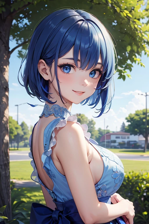(((1 CatGirl, medium breasts))), ((cat ears)) solo, (((short wavy, blue hair color: 2.3, windblown))), blue eyes, lace crop top, short kawaii jeans and short, short strap, short, lace, looking at the viewer, luxurious, elegant, extremely detailed, pink lips, smiling, shy, feminine charm, blurry, beautiful sky, trees, garden, sitting on the grass, butterfly, beautiful flowers, depth of field, shy pose