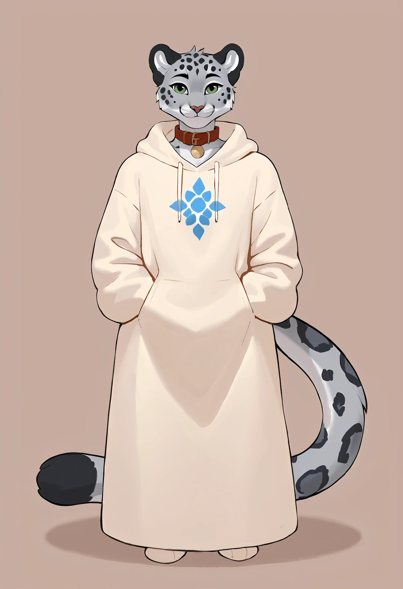  General Description : The character is an anthropomorphic figure (furry), with characteristics of a big feline - more specifically, seems to be based on a snow leopard (or snow jaguar), recognizable by the dark marks and the dense, whitish coat. Physical Traits: Furry breed: snow leopard (Snow Leopard) Cor da pele/pelagem: Light gray almost white base Rounded dark gray spots scattered over arms, pernas, tail and sides of the body Face: Feline and expressive snout with a light smile Small and dark nose Bright green eyes, with marked and expressive lashes Hair: Curto,  smooth and black, covering part of the right side of the face Ears: Pointy and feline, with dark gray inner part Tail: Longa, thick and fuzzy with patches similar to the body Clothing and Accessories: Roupa: Long dress or tunic with design elegant and ceremonial or priestly attire appearance Predominant color: white with gold details ornamented in symmetrical and artistic patterns The tunic covers part of the chest, arms and legs, with intricate ornaments that pass from the center of the body to the feet Sleeves and collar: The sleeves are short and wide, revealing the stained arms High and structured collar, combining with The refined air of the Capuz/véu: a white hoodie , that falls over the head and sides of the face, garment gives a noble or mystical air to the character Postura:  standing, with gentle expression and hands joined in front of the chest, suggesting serenity, kindness or reverence
