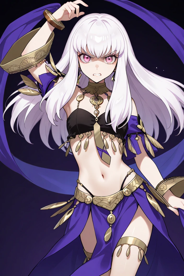 Chain bikini, chain crown, bare belly, big breasts, purple hair, red eyes, godness of thunder, 