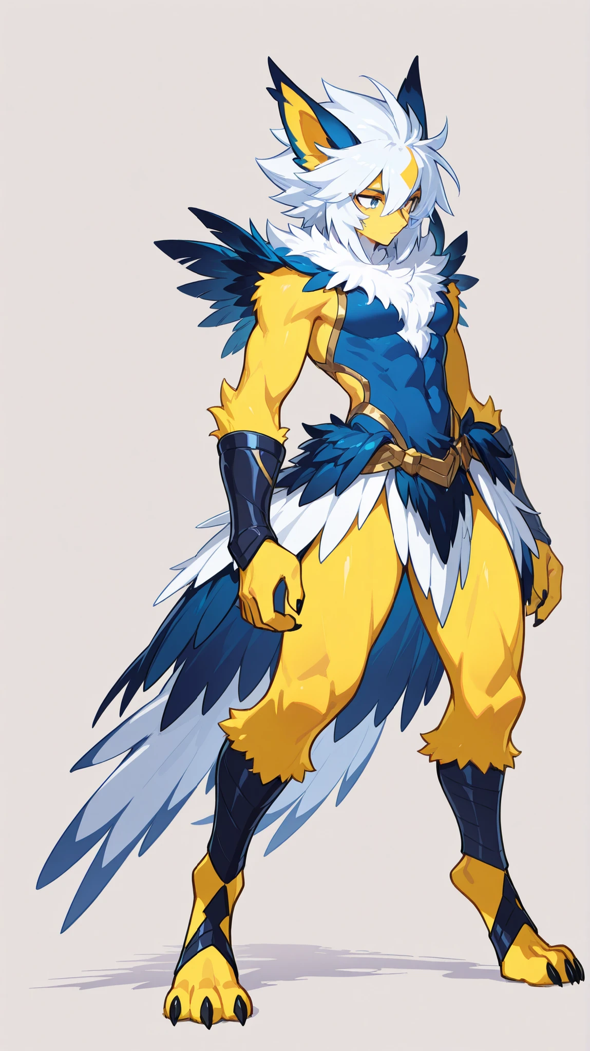 masutepiece, Best Quality, anime style illustration,White background, Simple background, Standing portrait of a character, 1female, Solo, hawk woman, Furry, Superhero, yellow bodysuit, knee high boots, Full body,Look at viewers,