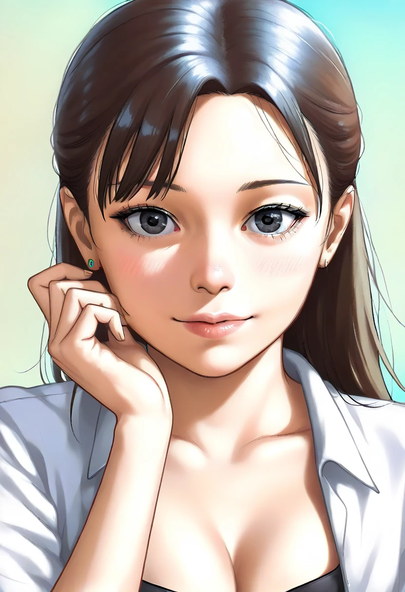 Simple white background,
Green Shirt,Long sleeve,
Brown_hair,Brown_Eye,hair_Decorations,hairclip,Weaving,
1 girl, 20 years old,Young women,beautiful Finger,beautiful long legs,beautiful body,beautiful Nose,beautiful character design, perfect Eye, perfect Face,expressive Eye,Perfect balance,
Looking at the audience,(Focus on her Face),Shut up, (Innocent_Large target_Eye:1.0),(Light_Smile:0.3),
Official Art,Extremely detailed CG unity 8k wallpaper, Perfect lighting,rich and colorful, bright_front_Face_Lighting,White skin,
(masterpiece:1.0),(the best_quality:1.0), 超high resolution,4K,Extremely detailed,
photography, 8K, Human Development Report, high resolution, absurd:1.2, Kodak Portra 400, Film Grain, Blurred background, Bokeh:1.2, 镜头Light晕, (Energetic_color:1.2),专业photography师,
(beautiful,Large target_breast:1.4), (((Cleavage)))(beautiful_Face:1.5),(narrow_waist),