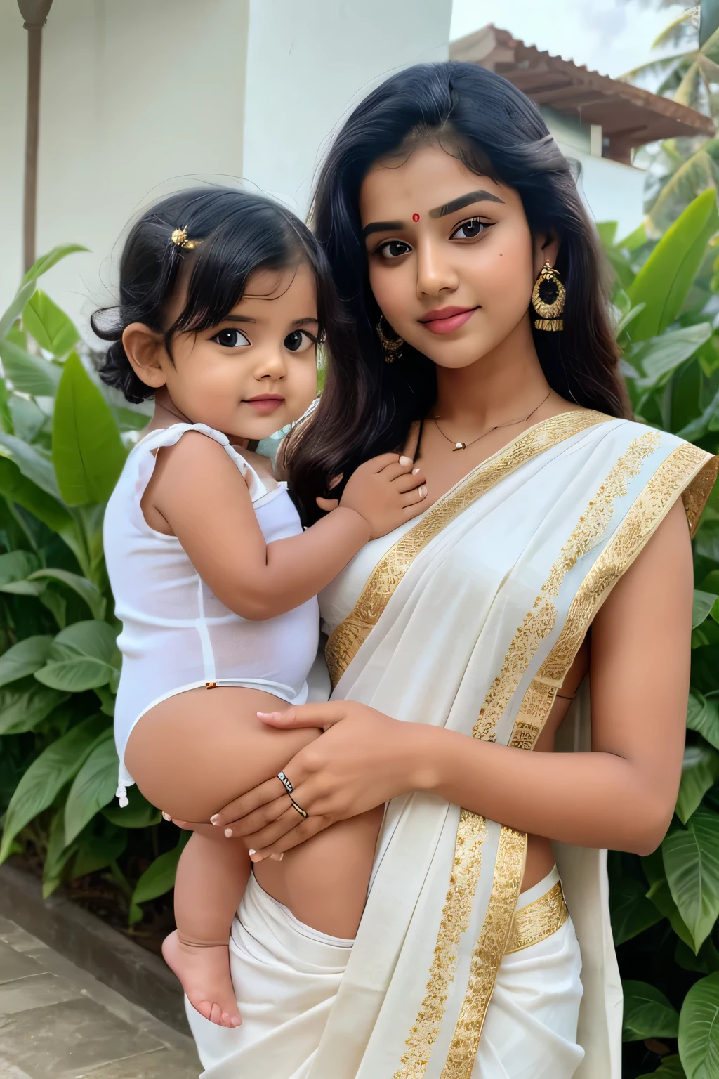 7 years cute beautiful sexy girl with big oobs with cute little baby with stylish long hair with stylish colour full modern kerala style white saree with straight pic full size image