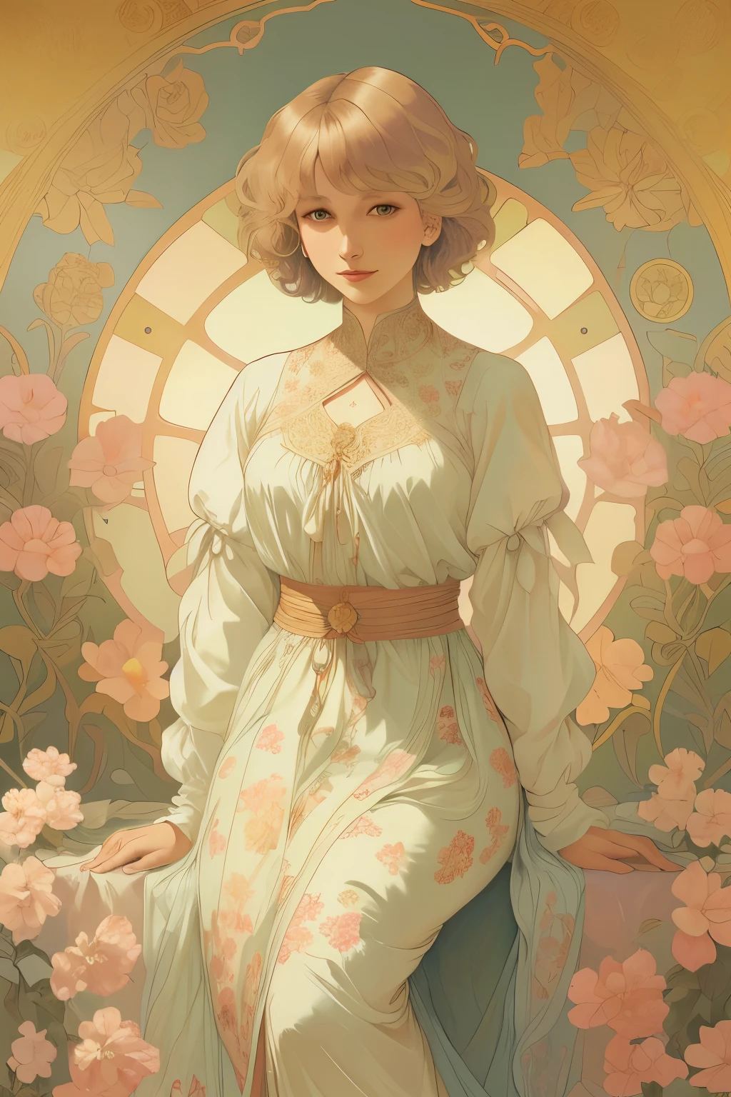378(20 year old women),(short hair),(gentle smile),(high quality photos),(Alphonse Mucha),(colorful floral dress),(A room with a large painting),((contrast between light and shade))